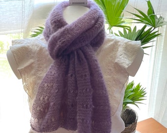 Echarpe foulard dentelle tricot ajourée ELSA, mohair, soie, lilas bruyère, cadeau maman, cadeau mamie, idée cadeau femme, cadeau pour elle