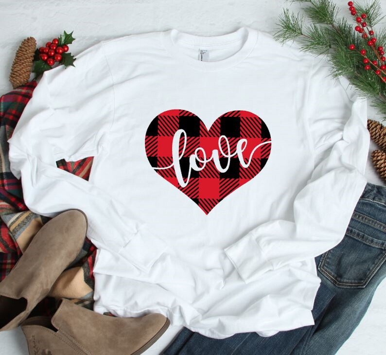 Love Tee Women Valentines Shirt Valentines Day T-shirt women Heart Valentine Buffalo Plaid Valentines Day Shirt Love Valentine Shirt