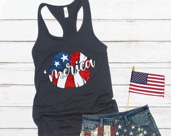 Cute womens 4th of July tank top, Glitter Flag Lips fourth of July tank, July 4th Tank Top, Glitter 4th of July Tank for women