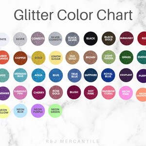 May include: A colour chart displaying 30 different glitter colours. The colours are arranged in rows and columns, with each colour having a name written below it. The colours include white, silver, confetti, black, gold, red, orange, copper, brown, green, emerald, jade, blue, aqua, sapphire, purple, lavender, pink, cherry, rose gold, blush, hot pink, coral, neon pink, neon grapefruit, neon yellow, neon blue, neon purple, and neon green.