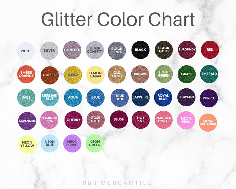 May include: A colour chart displaying 30 different glitter colours. The colours are arranged in rows and columns, with each colour having a name written below it. The colours include white, silver, confetti, black, gold, red, orange, copper, brown, green, emerald, jade, blue, aqua, sapphire, purple, lavender, pink, cherry, rose gold, blush, hot pink, coral, neon pink, neon grapefruit, neon yellow, neon blue, neon purple, and neon green.
