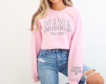 Personalized Mama Sweatshirt with Kid Names on Sleeve Custom mom Sweatshirt  Mothers Day Gift Mama Crewneck Sweatshirt