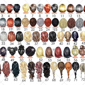 Puede incluir: Un gr&aacute;fico de 74 peinados diferentes, cada uno con un color y estilo &uacute;nico. Los peinados est&aacute;n numerados del 1 al 74.