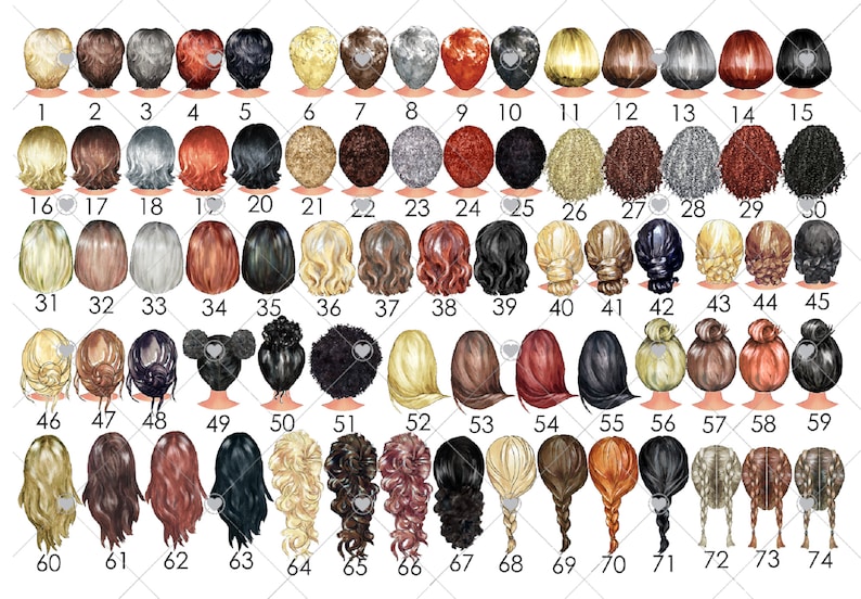 Puede incluir: Un gr&aacute;fico de 74 peinados diferentes, cada uno con un color y estilo &uacute;nico. Los peinados est&aacute;n numerados del 1 al 74.