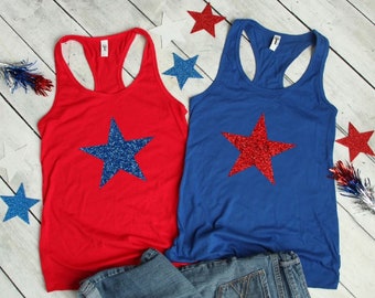 4th of July Tank / Glitter Star Tank / Patriotic Tank / Glitter Tank / Womens Tank / 4th of July T-Shirt / Red White Blue Shirt Tee /4th Tee