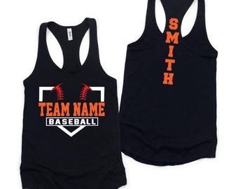 May include: Black tank top with a white baseball diamond graphic and the text "TEAM NAME BASEBALL". The back of the tank top has the text "SMITH" in orange.