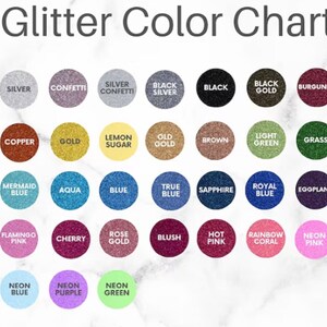 May include: A color chart of glitter in various colors, including white, silver, black, gold, red, orange, copper, gold, lemon sugar, old gold, brown, light green, grass, emerald, jade, mermaid blue, aqua, blue, true blue, sapphire, royal blue, eggplant, purple, lavender, flamingo pink, cherry, rose gold, blush, hot pink, rainbow coral, neon pink, neon grapefruit, neon yellow, neon blue, neon purple, and neon green.