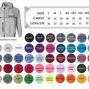May include: A chart showing hoodie sizes and colors. The chart includes size measurements for chest and length in inches. The color options include a variety of shades of blue, red, green, purple, grey, and brown.