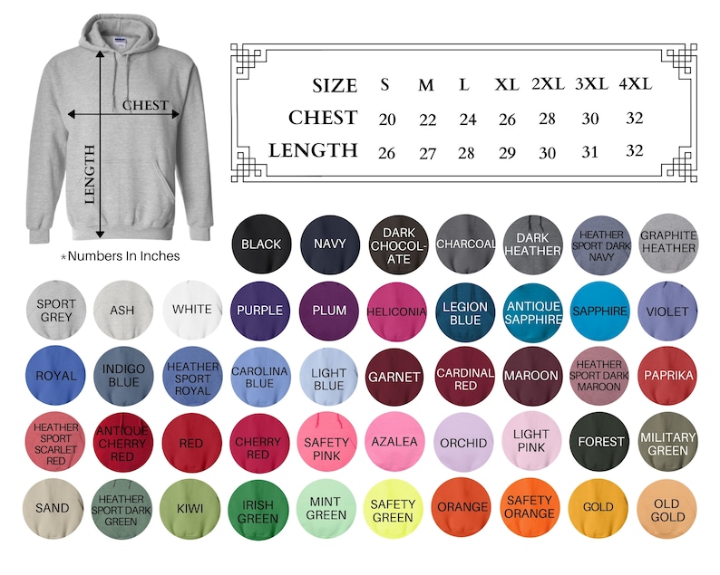 May include: A chart showing hoodie sizes and colors. The chart includes size measurements for chest and length in inches. The color options include a variety of shades of blue, red, green, purple, grey, and brown.