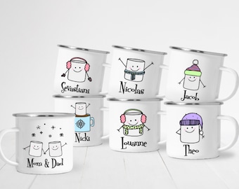 Personalized Hot Cocoa Marshmallow People Enamel Mugs Christmas Family mug little girl mug Christmas party favor hot chocolate hot cocoa cup