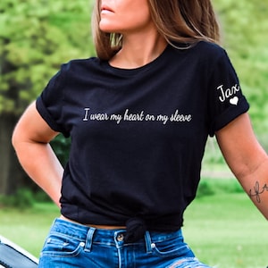 I Wear My Heart On My Sleeve T-shirt, Custom Mama Shirt with Children Name on Sleeve, Mothers Day Gift for Mom, New Mommy, Gift from son