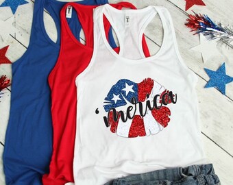 Glitter Red White and Blue Lips, Womens Independence Day Shirts, Patriotic Tank Top,  4th of July Tank, Merica Tank Top, American Flag Shirt