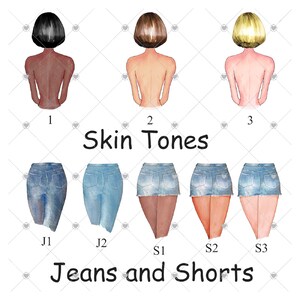Puede incluir: Tres tonos de piel diferentes para la espalda de una mujer, con tres estilos diferentes de pantalones de mezclilla: jeans, una falda de mezclilla y pantalones cortos de mezclilla. El texto 'Tonos de piel' y 'Jeans y pantalones cortos' est&aacute; incluido en la imagen.