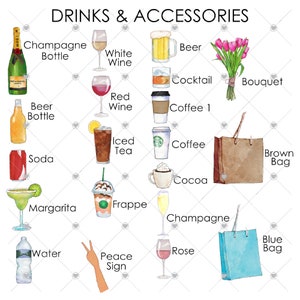 Puede incluir: Una ilustraci&oacute;n de acuarela de varias bebidas y accesorios, incluyendo una botella de champ&aacute;n, una botella de cerveza, vino blanco, vino tinto, t&eacute; helado, refresco, margarita, frapp&eacute;, caf&eacute;, cacao, agua, rosado, copa de champ&aacute;n y signo de paz. Tambi&eacute;n hay bolsas de compras marrones y azules y un ramo de flores rosas.