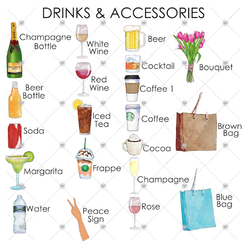 Puede incluir: Una ilustraci&oacute;n de acuarela de varias bebidas y accesorios, incluyendo una botella de champ&aacute;n, una botella de cerveza, vino blanco, vino tinto, t&eacute; helado, refresco, margarita, frapp&eacute;, caf&eacute;, cacao, agua, rosado, copa de champ&aacute;n y signo de paz. Tambi&eacute;n hay bolsas de compras marrones y azules y un ramo de flores rosas.