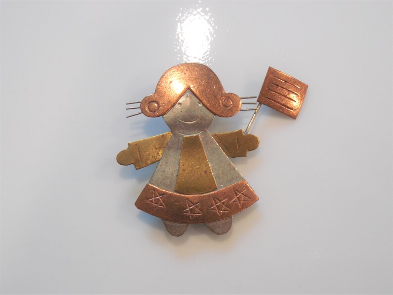 Vintage 3 Toned Metal Little Girl Holding a Flag Pin Etsy