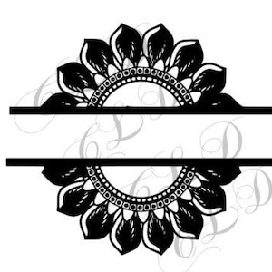 Puede incluir: Marco de monograma dividido en blanco y negro con un diseño de mandala decorativo. El marco está dividido horizontalmente con espacio para dos líneas de texto.