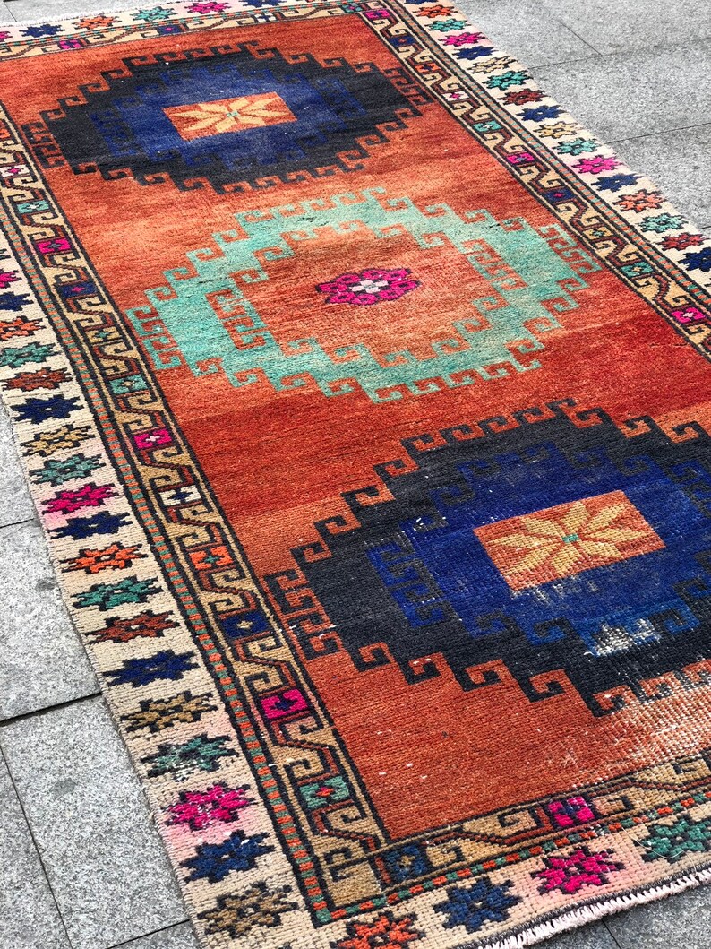3.8 X 7 ft Colorful Rug Boho Decor Rug Handmade Rug Turkish Rug 46 x 84 Rug Bohemian rug Orange rug Pastel Color Rug Vintage Rug