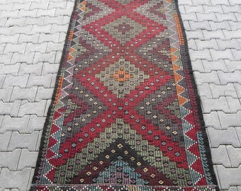 schwarzer Kelim Teppich, 100 x 50 cm, schwarzer Kelimteppich, Vintage Teppich, Flurteppich, türkischer Kelimteppich, 44" X 140", dekorativer Kelimteppich