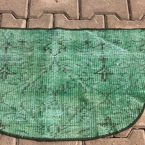 Semi Circle Rug, Mat, Vintage Turkish Rug, 1.3 X 2 ft, Green Rug, Handmade Rug, Semi Round Rug, Semi Small Rug, Semi Area rug, Oushak rug