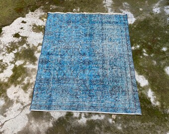 Tappeto troppo tinto, Tappeto Blu Oushak, Tappeto Art Deco, 3 X 3.66 ft, Tappeto decorativo Boho, Tappeto vintage, Tappeto da terra, Tappeto decorativo, Tappeti turchi, Moquette,