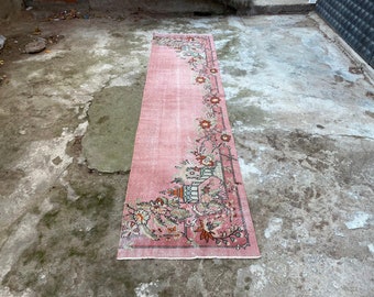 Pink Vintage Runner, Hallway rug, Pink Runner Rug, 2.83 X 11.5 ft, Turkish Runner Rug, Oushak Runner Rug, Runner, Entrance Rug, Wool rug