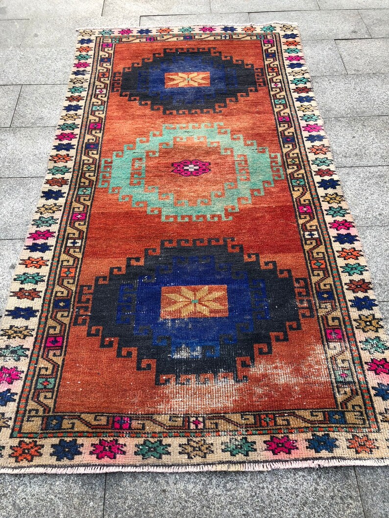 3.8 X 7 ft Colorful Rug Boho Decor Rug Handmade Rug Turkish Rug 46 x 84 Rug Bohemian rug Orange rug Pastel Color Rug Vintage Rug