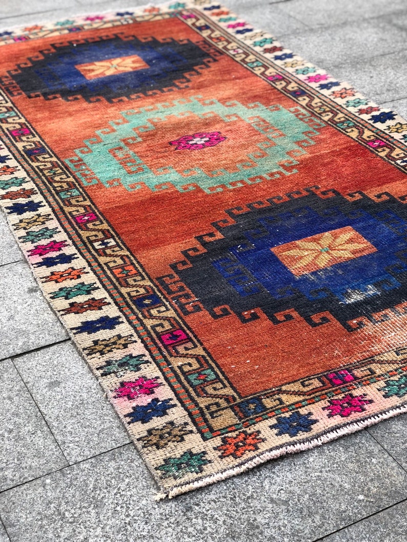 3.8 X 7 ft Colorful Rug Boho Decor Rug Handmade Rug Turkish Rug 46 x 84 Rug Bohemian rug Orange rug Pastel Color Rug Vintage Rug