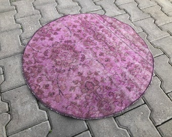 Pink Round rug, Round Boho Rug, 2.3 X 2.3 ft Cotton round area rug, Round Bathroom Rug, Door mat entrance rug Oushak rug Overdyed Rug Circle