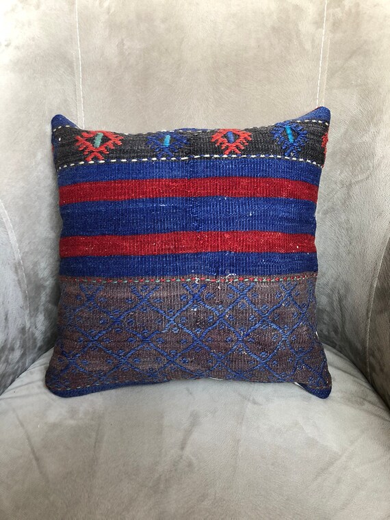 turkish rug pillow blue kilim | Etsy Red and blue kilim pillow rug lumbar