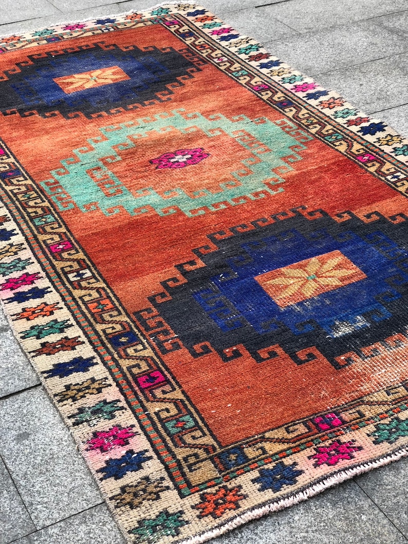 3.8 X 7 ft Colorful Rug Boho Decor Rug Handmade Rug Turkish Rug 46 x 84 Rug Bohemian rug Orange rug Pastel Color Rug Vintage Rug