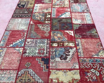 turkish kilim rug, 96" x 68" , Patchwork rug, turkish rug, decorative rug, vintage rug, red rug, oushak rug, carpet, bohemian rug, handmade