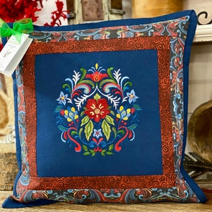 Beautiful Machine Embroidered Rosemaling Pillow!