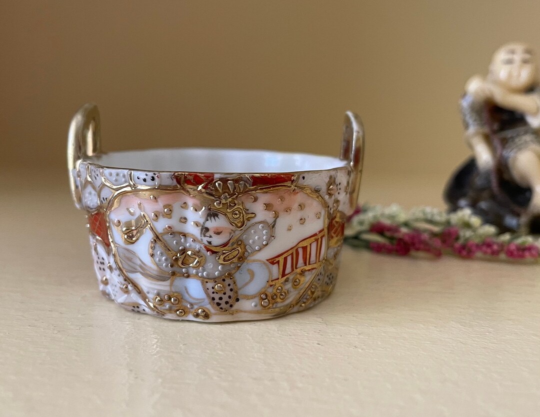 Antique Nippon Open Salt Cellar With Heavy Moriage Decoration, Hand Painted Signed Nippon C 1900