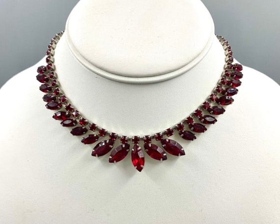 Vintage Ruby Red Necklace, Graduated Stones, Pron… - image 1