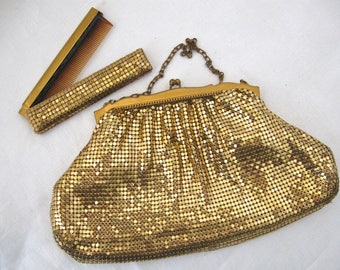 Gold Mesh Whiting & Davis Gold Mesh Bag and Matching Retractable Tortoise Shell Comb, Vintage Clutch 1950s, Perfect