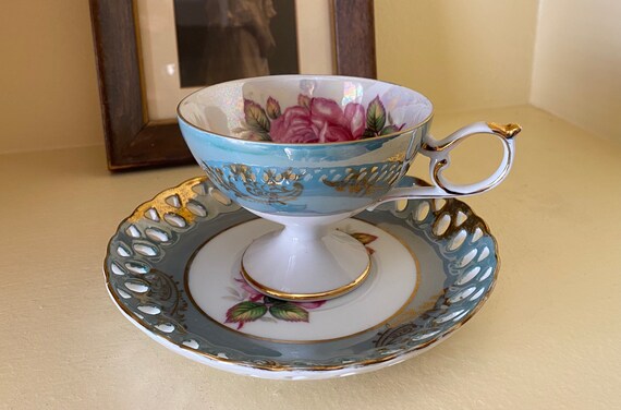Royal Halsey China Teacup Saucer Set, Teal Rose, Iridescent Luster