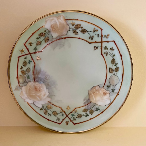 Antique ROYAL MUNICH Z S & Co. Bavaria 8 Inch Plate, Hand Painted Soft Pastel Colors Shaded Roses Heavy Gold Gilt