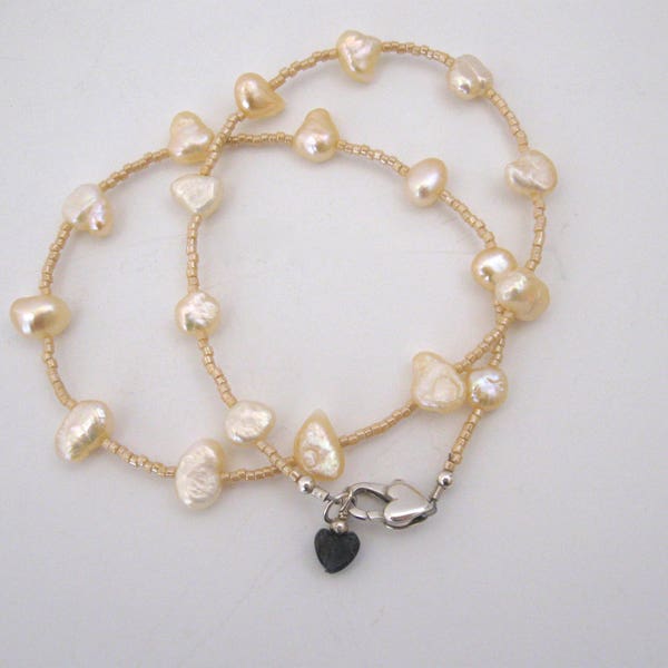 Sterling Silver Heart on this Freshwater Pearl Choker Necklace - Pearls Onyx Sterling for Valentine's Day
