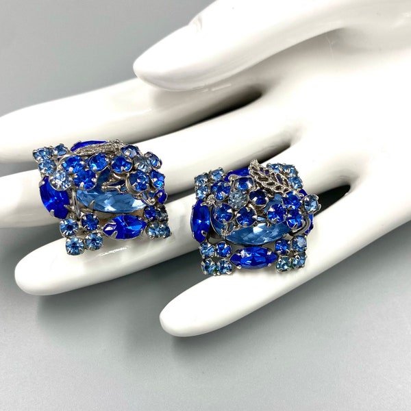 Vintage Clip on Earrings, Beautifully Designed with Shades of Blue and Silver, Rhinestone Clip on Earrings, Sparkling and Elegant