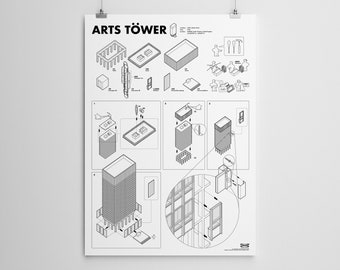 Torre de las Artes, Arquitectura de Sheffield / Impresión artística ilustrada / Obsequio de la Universidad de Sheffield