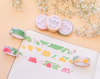 Set of 3 washi tapes, lemons, kiwis and pomegranate 0,6 x 394 inches, masking tape