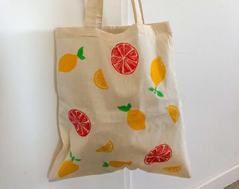 Tote bag hand printed with lemons and oranges - Reduced price due to minor flaws