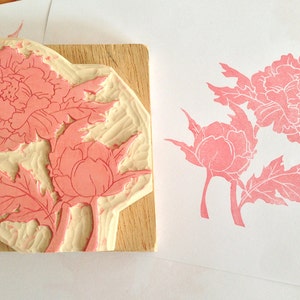 Large peonies hand carved rubber stamp, mounted on a wood block, flower rubber stamp, bridal shower gift, unique wedding gift, Ranuculus
