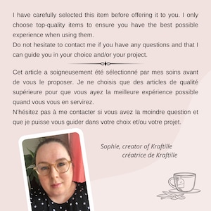 Puede incluir: Una mujer con gafas y una camisa de lunares aparece en la imagen con texto que dice: "He seleccionado cuidadosamente este art&iacute;culo antes de ofrec&eacute;rtelo. Solo elijo art&iacute;culos de alta calidad para asegurarme de que tengas la mejor experiencia posible al usarlos. No dudes en contactarme si tienes alguna pregunta y que pueda guiarte en tu elecci&oacute;n y/o tu proyecto. Cet article a soigneusement &eacute;t&eacute; s&eacute;lectionn&eacute; par mes soins avant de vous le proposer. Je ne choisis que des articles de qualit&eacute; sup&eacute;rieure pour que vous ayez la meilleure exp&eacute;rience possible quand vous vous en servirez. N'h&eacute;sitez pas &agrave; me contacter si vous avez la moindre question et que je puisse vous guider dans votre choix et/ou votre projet. Sophie, creadora de Kraftille"