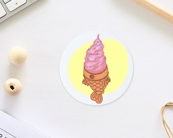 Taiyaki Ice Cream Sticker, Laptop Sticker, Asian cute japanese snacks decal, Magi-Taiyaki