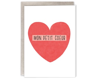 Carte St Valentin en français, taille A6, "Mon petit cœur" entouré dans un grand coeur avec son enveloppe en kraft