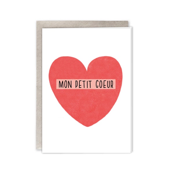 valentines day card for her, "Mon petit cœur" card with its kraft enveloppe