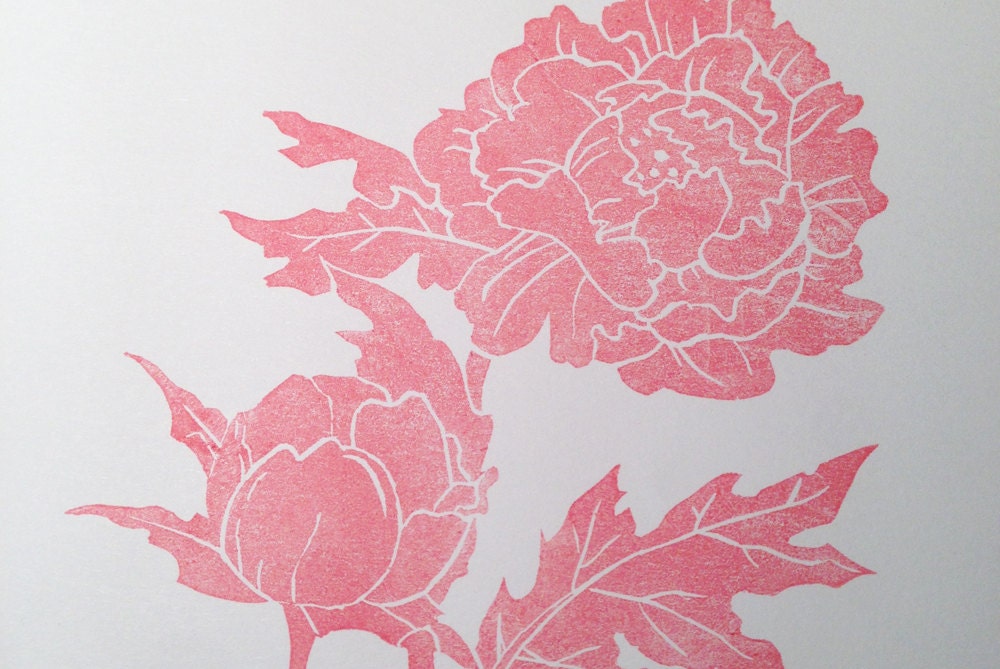 Large peonies hand carved rubber stamp mounted on a wood | Etsy