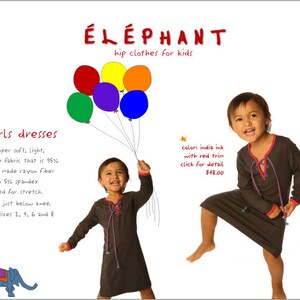 May include: Two young girls wearing dark grey dresses with red trim and purple drawstrings. The dresses are from the brand &Eacute;L&Eacute;PHANT, written in red. The image also includes colourful balloons and text describing the dresses.
